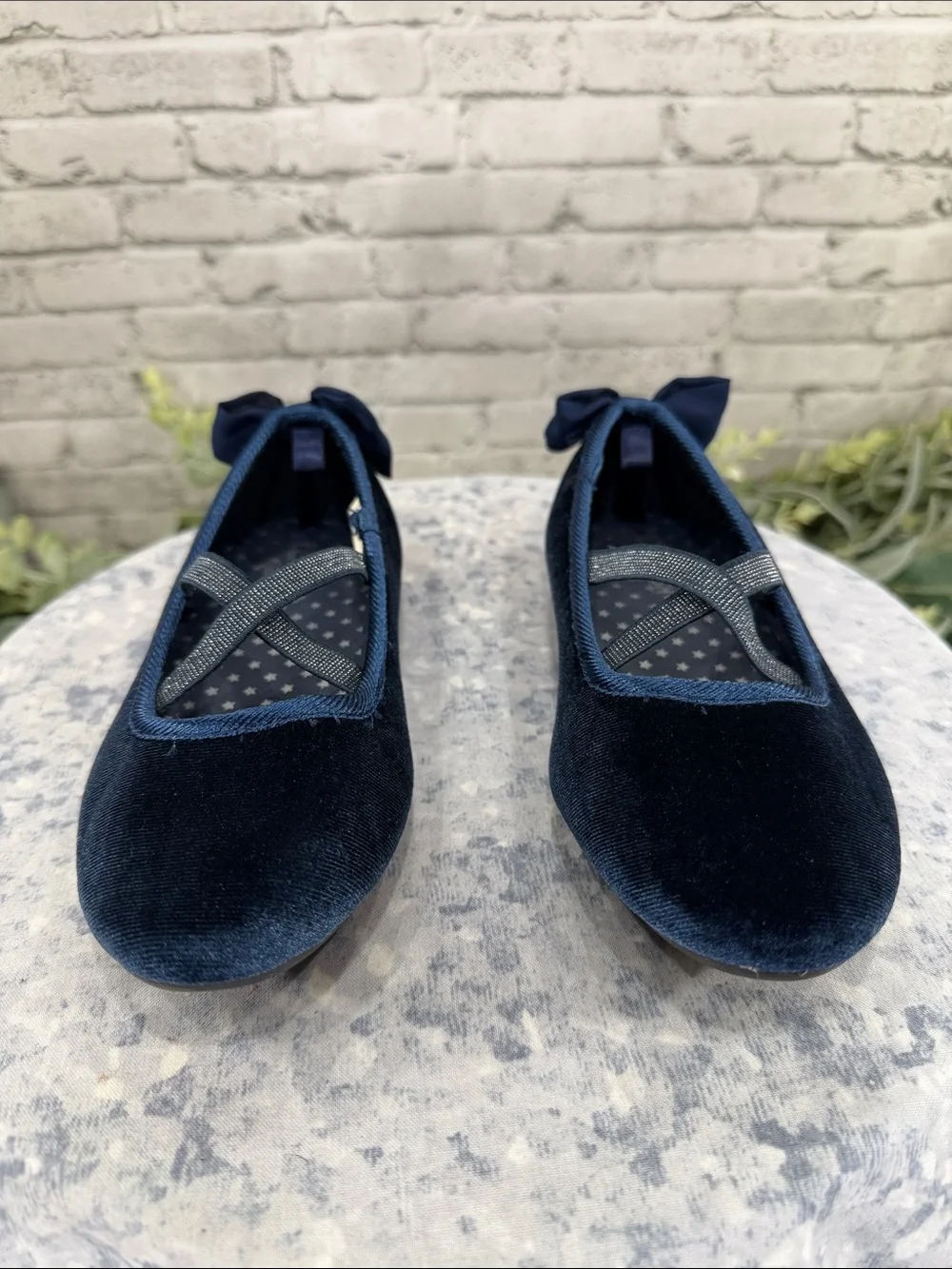 OSH KOSH B’GOSH “Vashti” Dark Navy Blue Velvet Ballet Bow Flats 💙 Girls 12M EUC